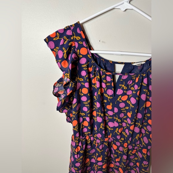 Fossil Dress Small Navy Ruffle Sleeve Orange Purple Plums Flowers Minidres Rayon - Picture 4 of 9